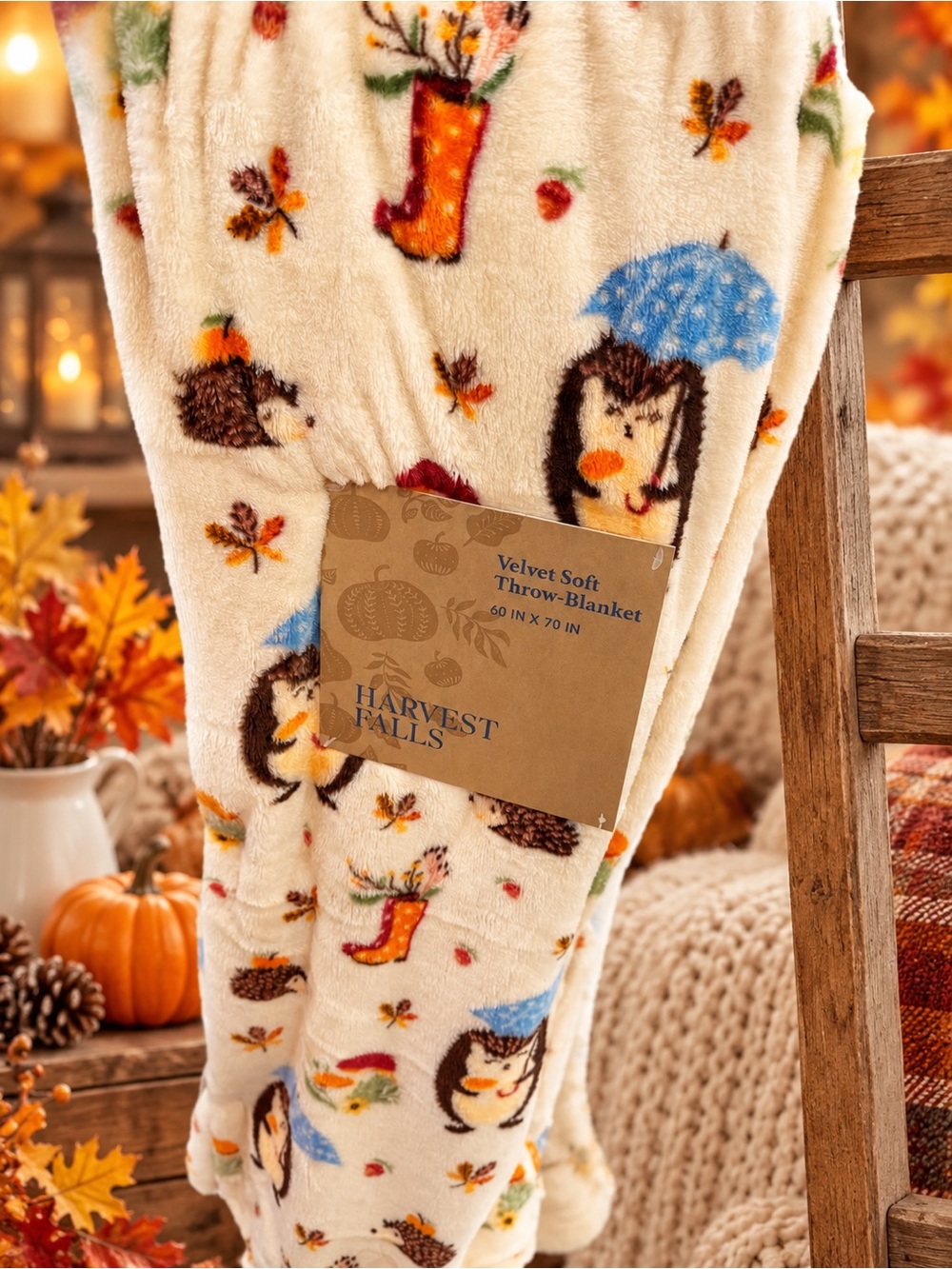 Cream Velvet Soft Throw Blanket - Hedgehog & Autumn Print